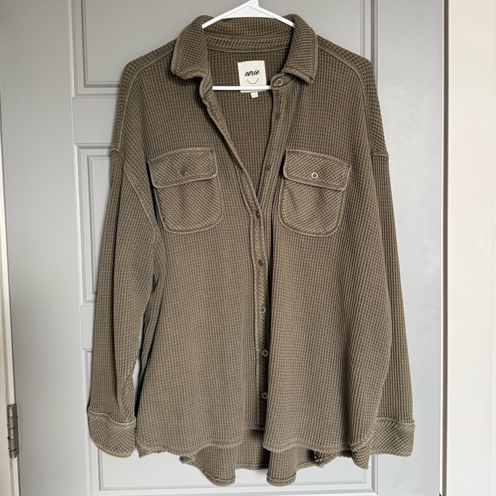 Aerie Olive Green Oversized Waffle Knit Button-up Shirt - Women’s Size XS